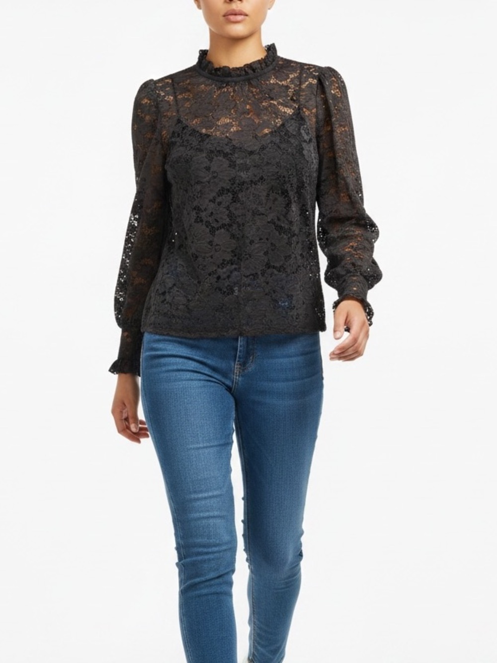 ADIVA Black Floral Sheer Lace High Neck Blouse Back Tie Long Sleeve Large